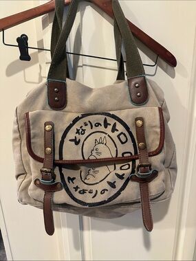 Canvas Messenger Bag with Totoro Graphic - Beige and Brown